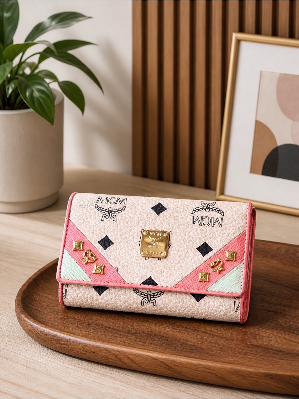 MCM Pink and Mint Logo-Print Leather Wallet with Gold Hardware